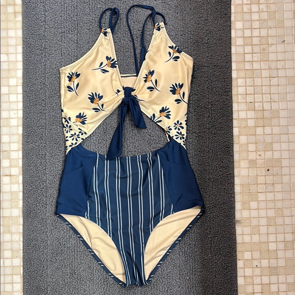 Blue and Cream Floral Tie-Front One Piece Swimsuit